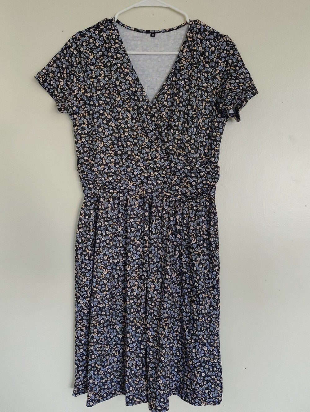 Cute Blue Women's Floral Wrap Midi Dress Size M